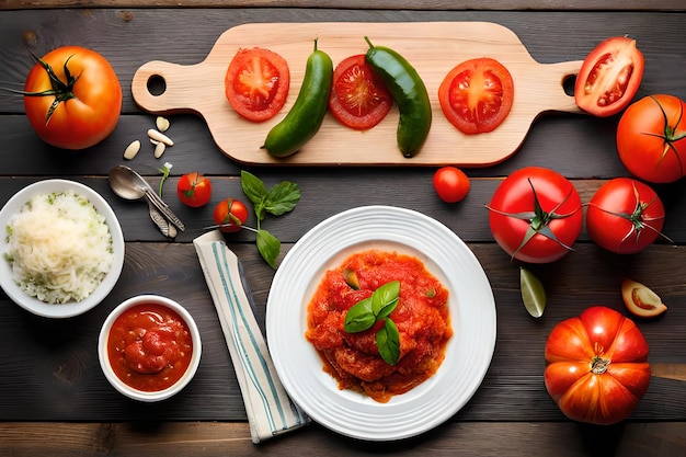Una mesa con un plato de comida y un plato de salsa de tomate encima