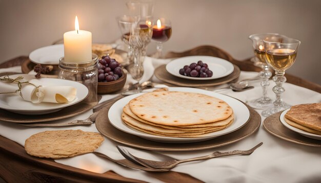 una mesa con un plato de comida y una vela en ella