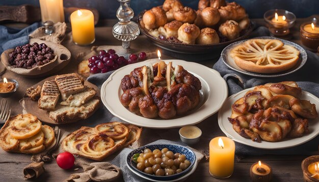 Foto una mesa con un plato de comida y una vela que dice croissant