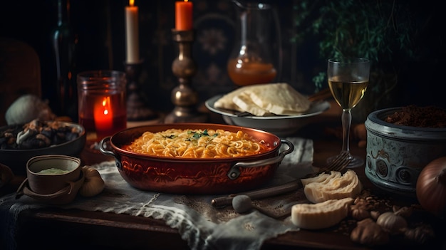 Una mesa con un plato de comida y una vela.