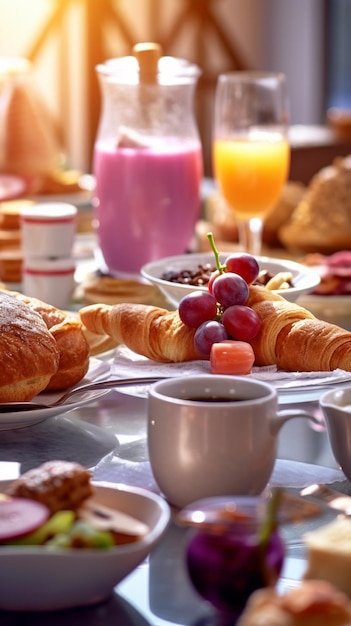 una mesa con un plato de croissants, una taza de café y un vaso de jugo.