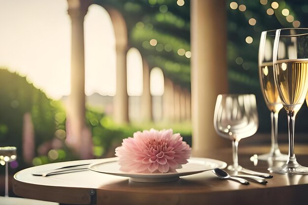 Una mesa con un plato de flores y un jarrón con una flor encima.