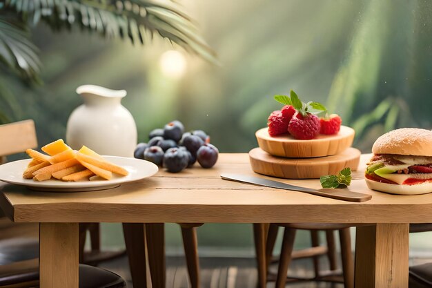 una mesa con un plato de frambuesas, queso y un plato de frambuesas.