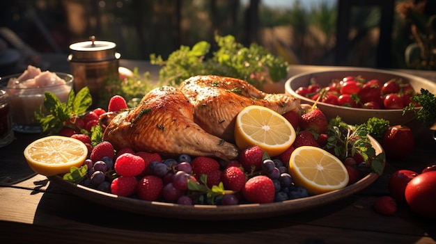 Una mesa con un plato de fresas de pavo y un plato de fruta.