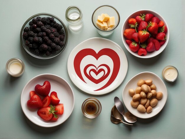 una mesa con un plato de fruta y un plato de nueces y bayas