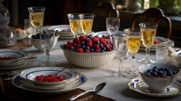 Una mesa con un plato de frutas y una copa de vino.