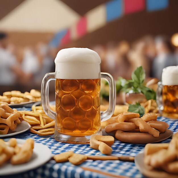 Foto una mesa con un plato de galletas y una taza de cerveza