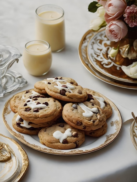 una mesa con un plato de galletas y un vaso de leche