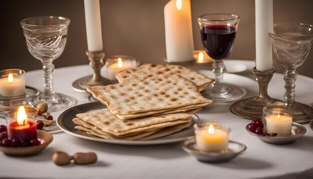 una mesa con un plato de galletas y vasos de vino y una vela