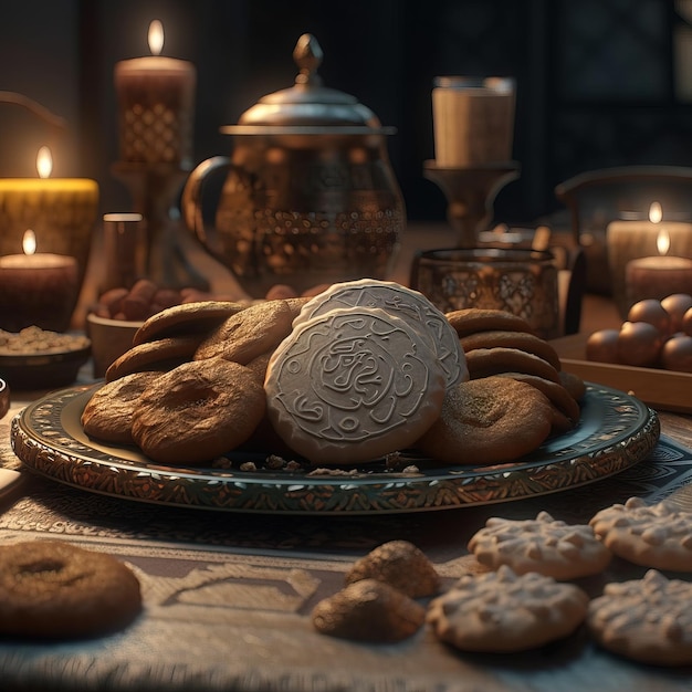 Una mesa con un plato de galletas y una vela encima.