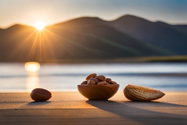 una mesa con un plato de nueces y un par de cacahuetes encima