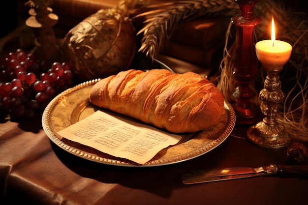 Foto una mesa con un plato de pan y una vela que dice croissant
