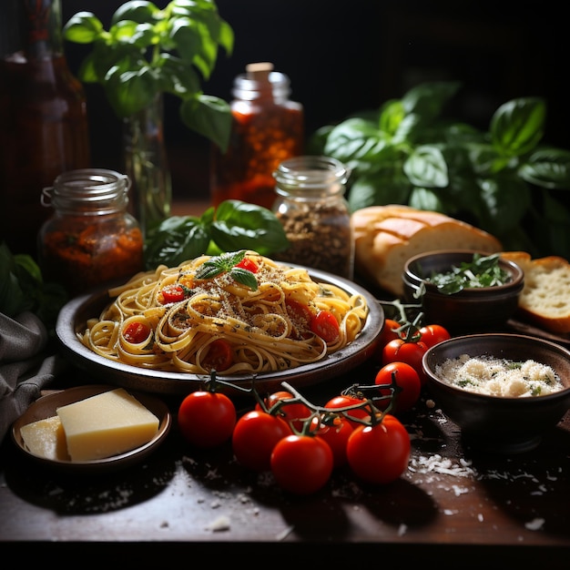 Una mesa con un plato de pasta y tomates y una botella de aceite de oliva.