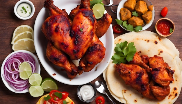 una mesa con un plato de pollo y algo de comida en ella