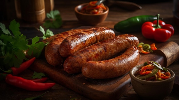 Una mesa con un plato de salchichas encima.