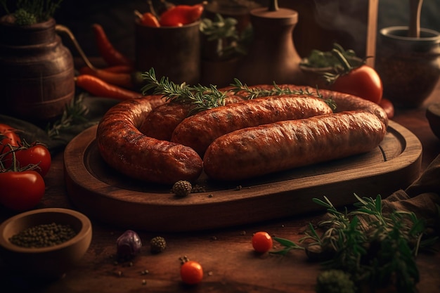 Una mesa con un plato de salchichas y un puñado de verduras