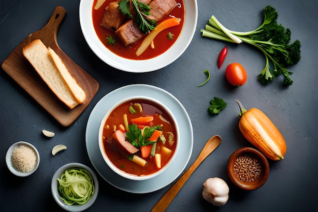 Una mesa con un plato de sopa y un plato de verduras.