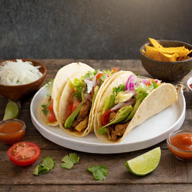 una mesa con un plato de tacos y una taza de salsa y un tazón de salsa