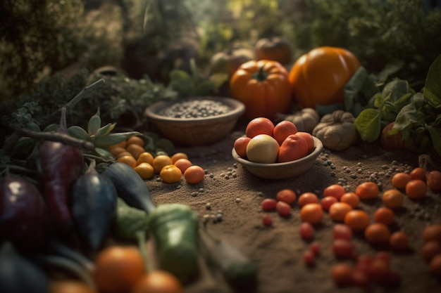 Una mesa con un plato de tomates y otras verduras encima.