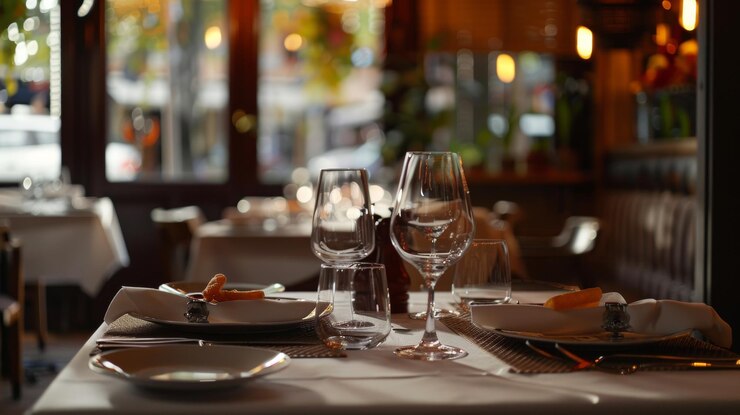 Foto una mesa con un plato y vasos en ella con una mujer a la derecha