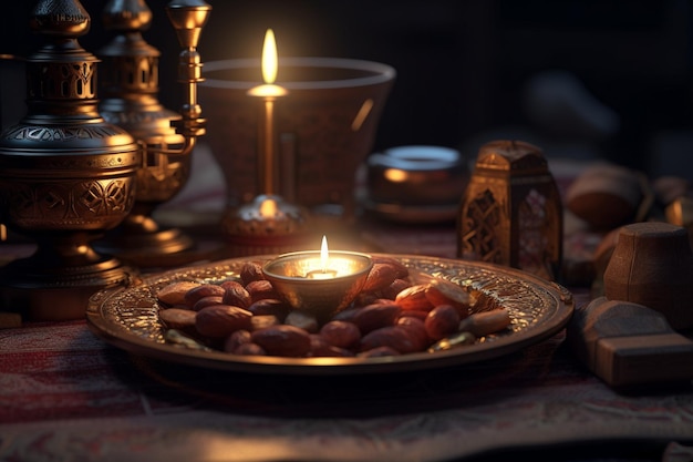 Una mesa con un plato con una vela y una vela encima.