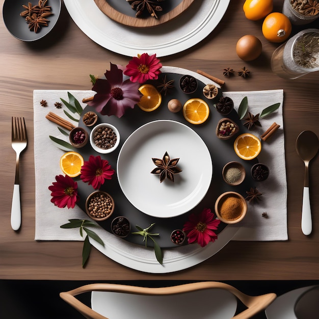 una mesa con platos blancos y cubiertos IA generativa