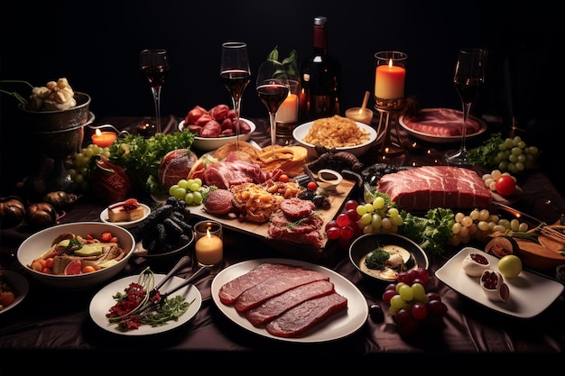 Mesa con platos de carne en platos blancos