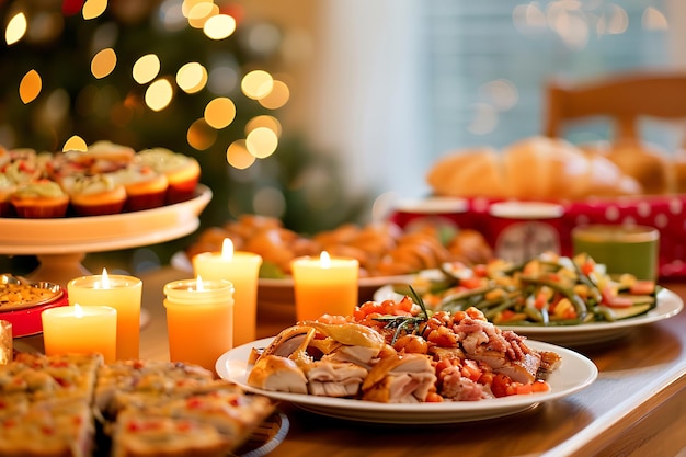 Foto una mesa con platos de comida al lado de las velas encendidas