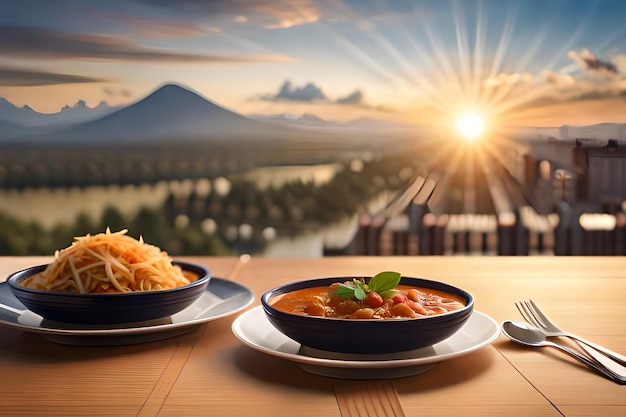 Una mesa con platos de comida y un atardecer de fondo.