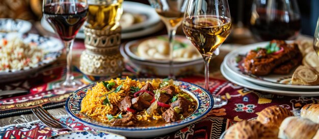 Foto mesa con platos de comida y copas de vino