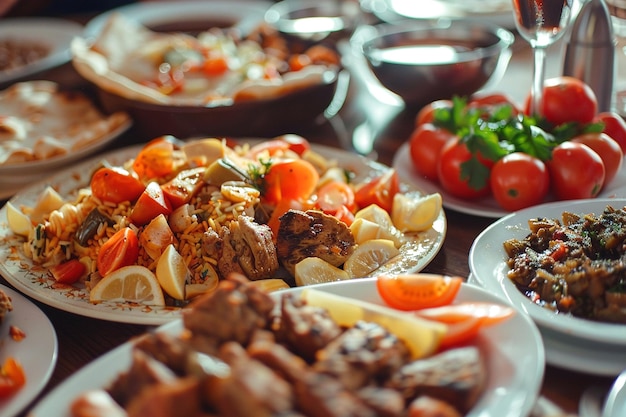 una mesa con platos de comida, incluidos alimentos y verduras
