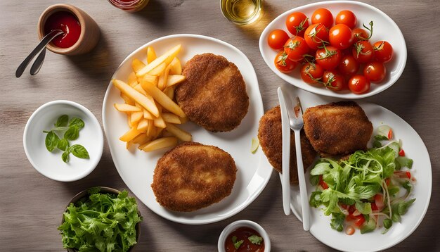 una mesa con platos de comida incluyendo comida y una botella de vino