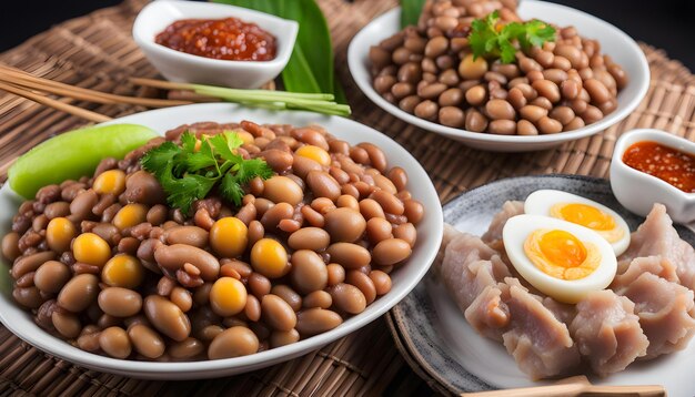 una mesa con platos de comida incluyendo frijoles frijoles y arroz