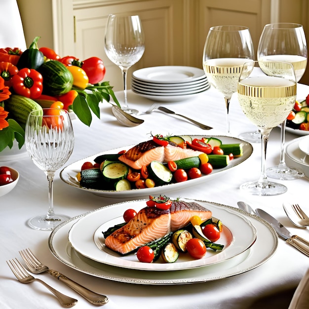 Una mesa con platos de comida y vasos de vino para que los invitados disfruten de la cocina