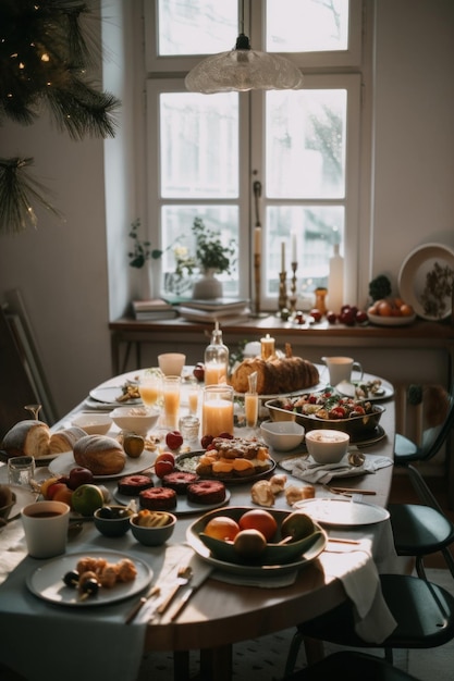 Una mesa con platos de comida y velas Imagen generativa de IA