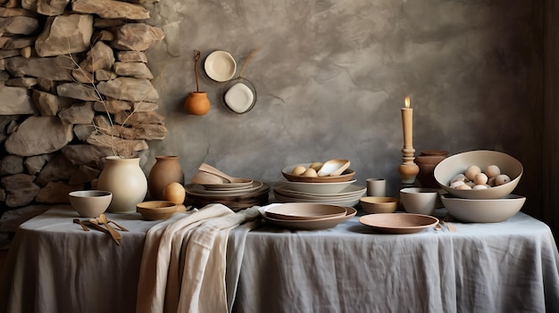 Mesa con platos cuencos y platos de plata en el estilo de texturas irregulares Ai Generative Ai Generative