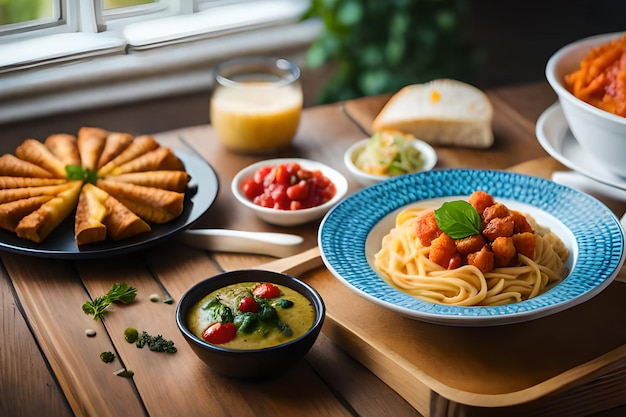 Una mesa con platos de espaguetis y un plato de salsa de tomate y un plato de comida.