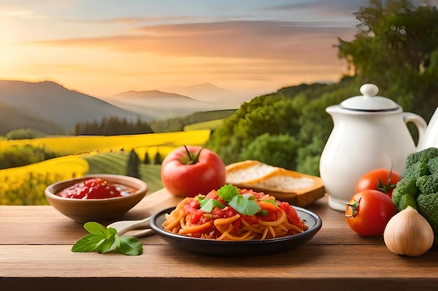 Una mesa con platos de espaguetis, tomates y pan.