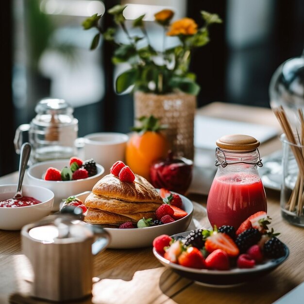 una mesa con platos de fruta, un jarrón con una flor y una fresa en él.