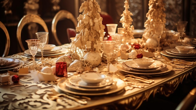 Mesa de platos de oro de Navidad