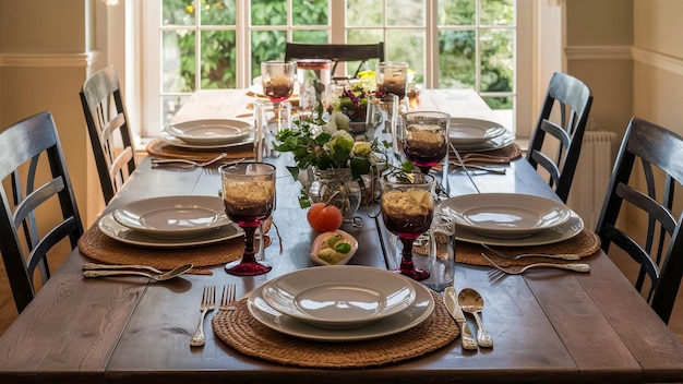 una mesa con platos platos y vasos en ella y una mesa con comida en ella