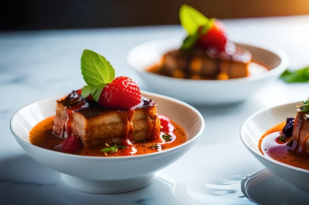 una mesa con platos de postres y un pastel de fresa en ella