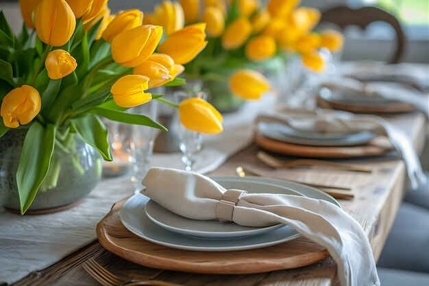 Mesa con platos servilletas y tulipanes amarillos