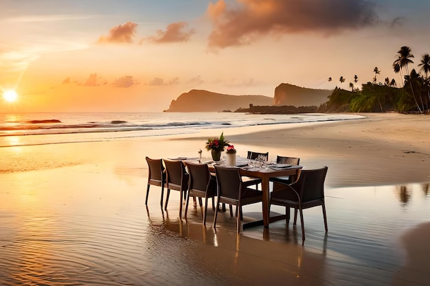 Una mesa en la playa al atardecer