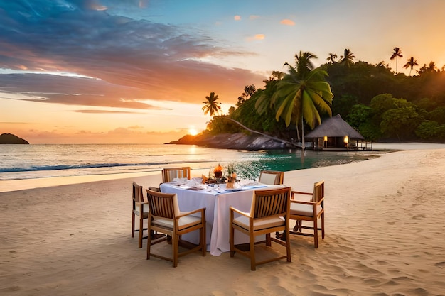 Una mesa en la playa al atardecer