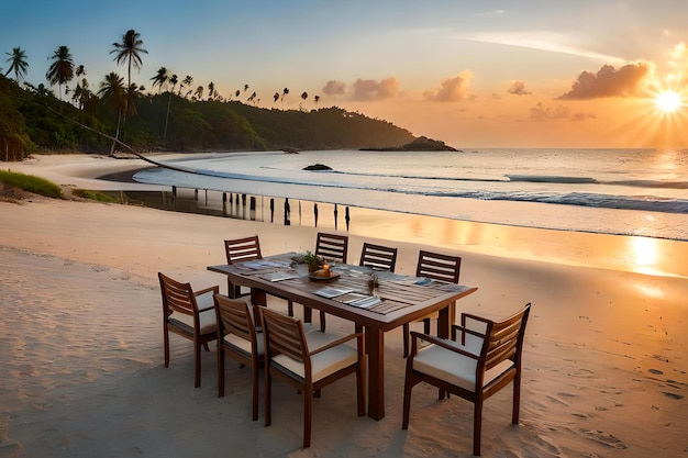 Una mesa en la playa al atardecer