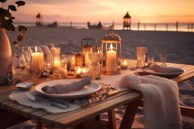 Una mesa en la playa al atardecer