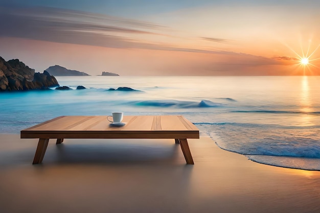 Una mesa en una playa con un atardecer de fondo.