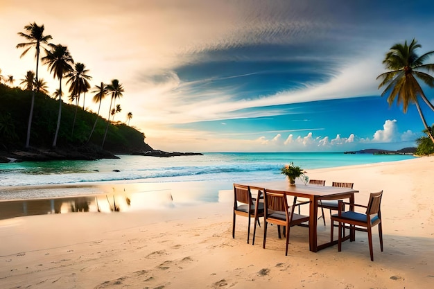 Una mesa en una playa con un atardecer de fondo