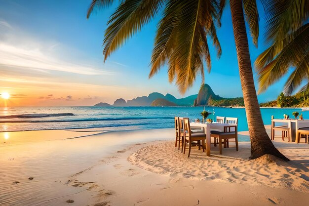 Una mesa en una playa con una palmera en primer plano